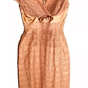 Lace Peach Dress Handmade Rhinestone Embellished Satin Belt Lined Vintage